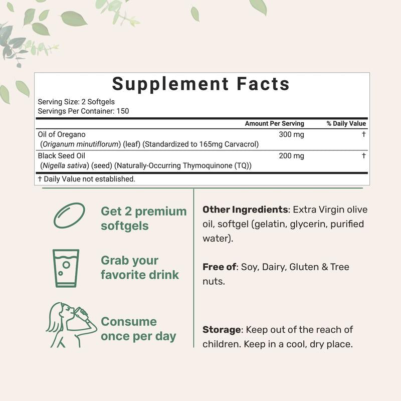 Kinutra Oregano Oil with Black Seed Oil - 300 Capsules